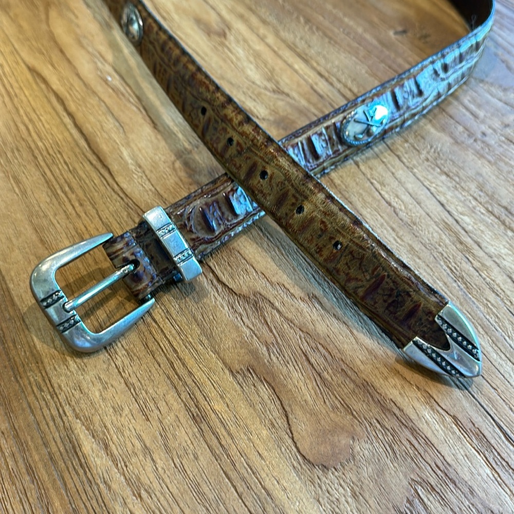 Vintage Western Italian Full Grain Brown Leather Belt Silver Golf Medals Concho